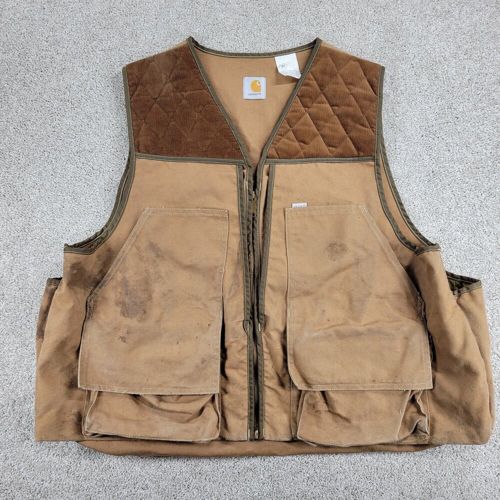 VINTAGE Carhartt Men's Duck Hunting Vest 2XL Brown V Neck Pockets Zip Outdoor